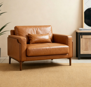 Medieval-style tan armchair, single reading sofa, walnut frame genuine leather lounge chair, suitable for living room or office