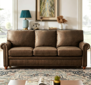 Faux leather sofa, medieval-modern style sofa, brass rivet decoration, three-seater sofa, rolled armrests, individually pocketed spring cushions, gourd-shaped sofa legs, dark brown genuine leather sofa, suitable for living room